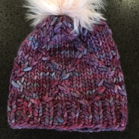 Hand Knit Merino Wool Beanie Hat With Faux Fur Pom main image 4